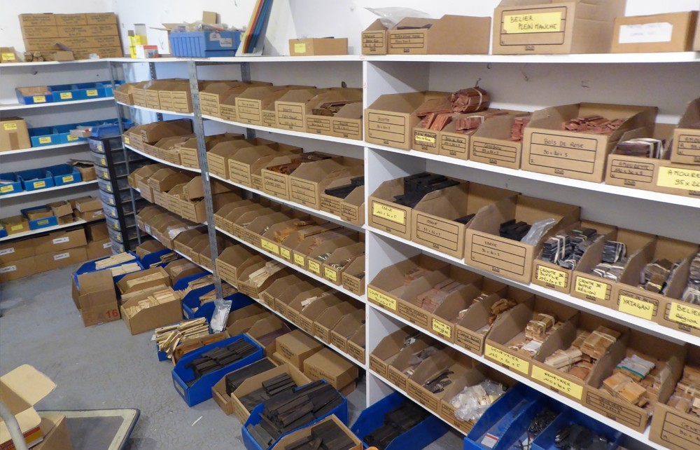 Storage of wood and horn handle scales in the Laguiole workshop